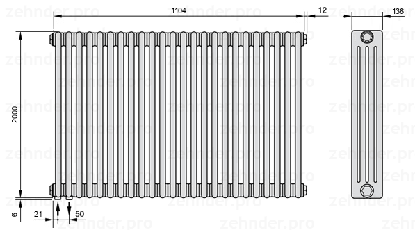 Схема (чертеж) Радиатор Zehnder Charleston 4200/24 №3370 Белый глянцевый RAL 9016